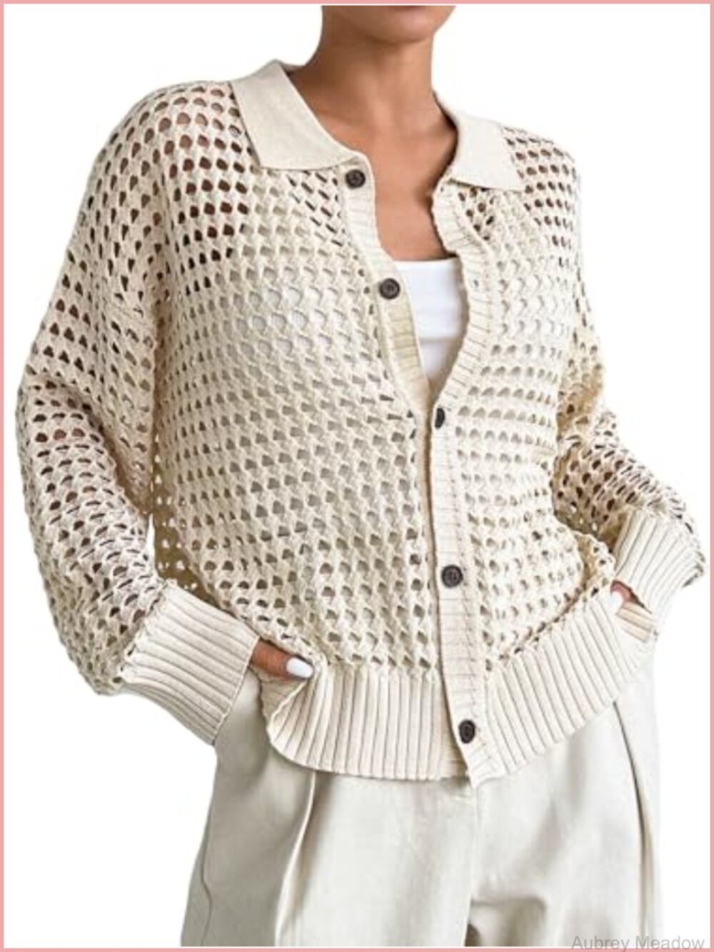 Crochet Cardigan Sweater Lightweight Button Front Long Sleeve Knit Top